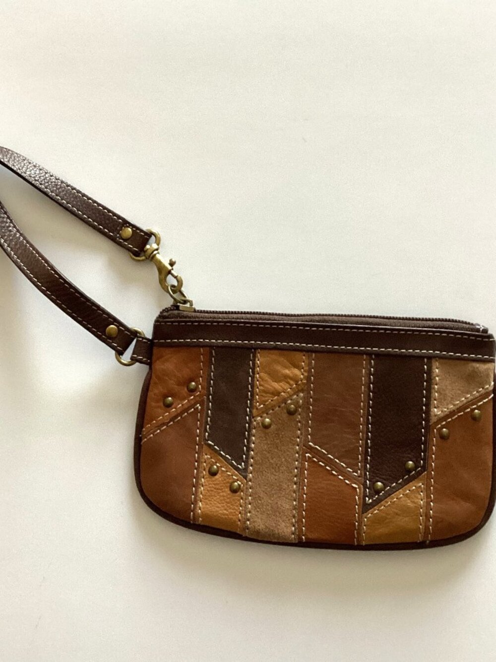 Fossil Patchwork Small Wristlet Brown Pouch Leather Zipper Wallet